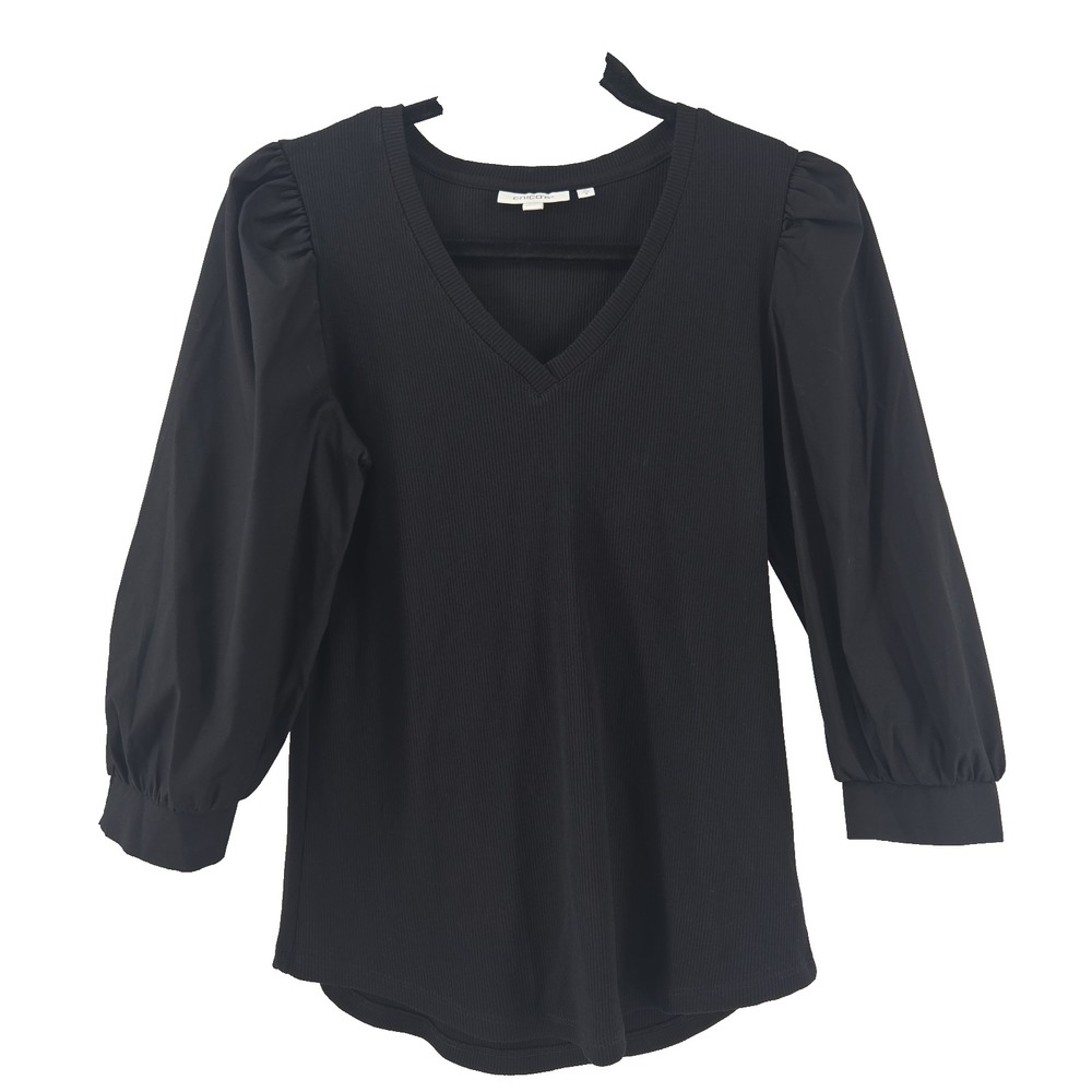 Chico's Size 0 Small Black Ribbed Contrast 3/4 Sleeve Top Blouse